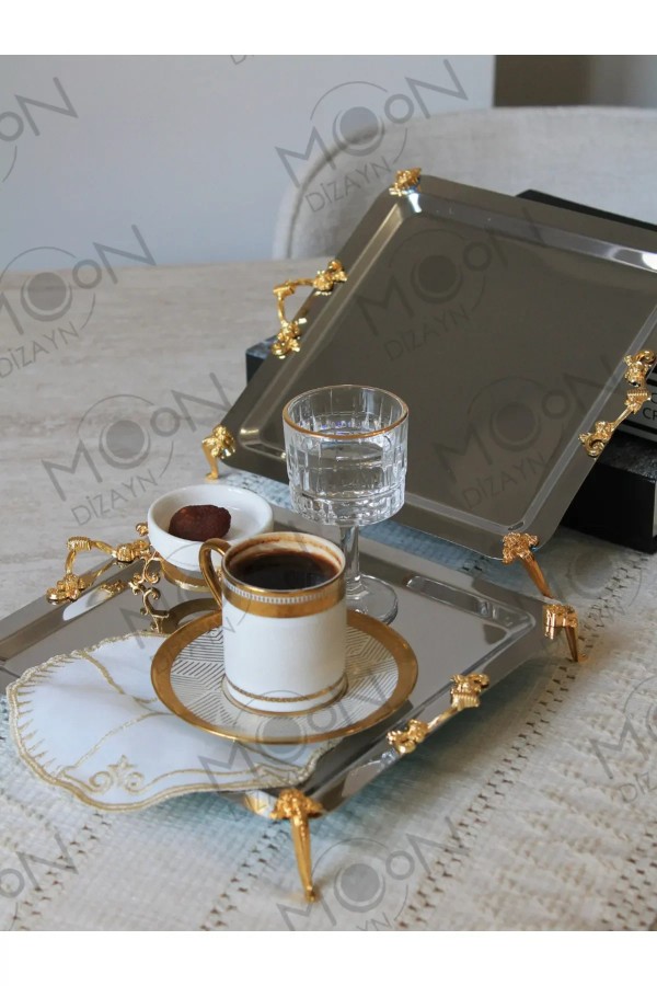 2 Adet (2 KİŞİLİK) Ayaklı Sunum Kahve Sunum Tepsisi Dekoratif Tepsi Tepsi Çay