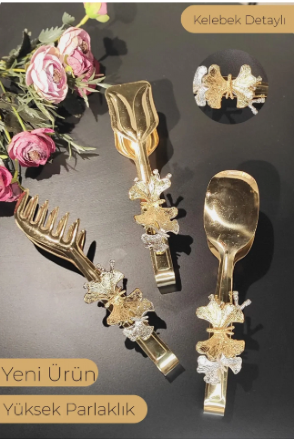 3'lü Kelebek Detaylı Gold Titanyum Maşa Seti