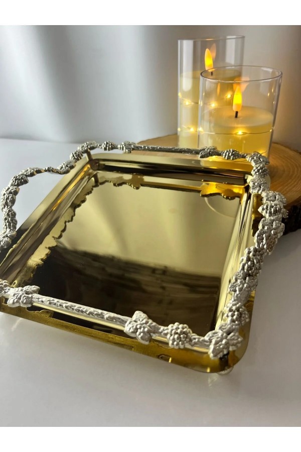 GÜMÜŞ SALKIM KULP GOLD TASARIM KAHVE SUNUM TEPSİSi SETİ 2 KİŞİLİK 2 ADET